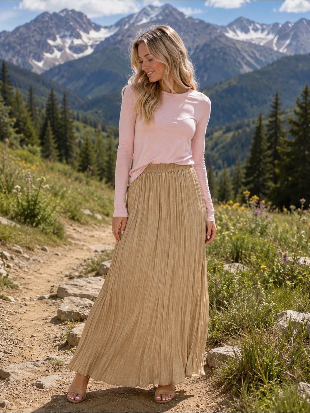 DKNY Pleated Maxi Skirt in Khaki/green shade
